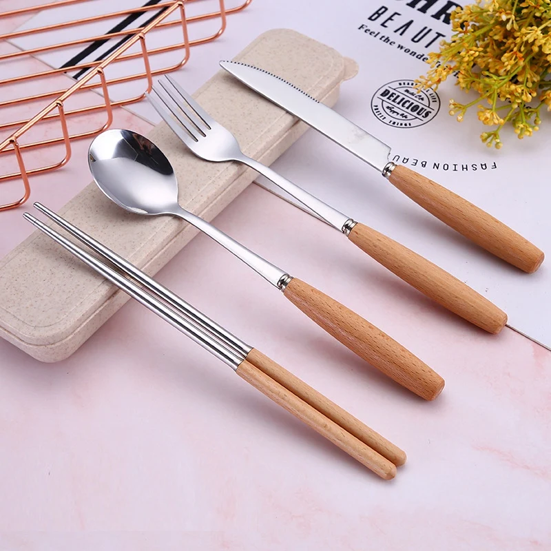 Portable Utensils Set With Case-4 Pieces Wood Handle Reusable Flatware Set Fork Spoon Stainless Steel Portable Travel Utensil Se