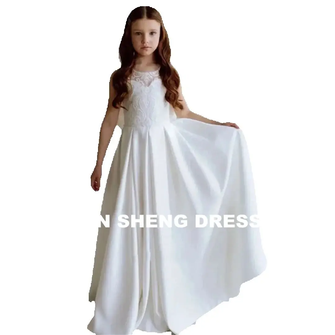Customized Flower Girl Dresses White Satin Flory Appliques  For Wedding Birthday Party With Bow SleevelessBanquet Holy Communion