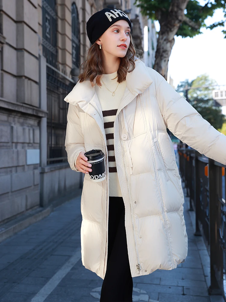 TXii Winter New Solid Color Vertical Collar Puff Down Jacket Loose Bread Suit Mid-length Thickened Jacket for Women