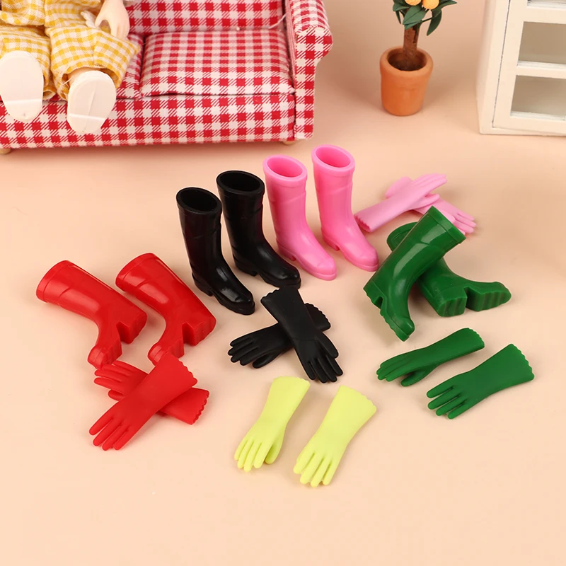 1Set 1:12 Miniatur Rumah Boneka Sepatu Bot Hujan Sarung Tangan Berkebun Sarung Tangan Memasak Sarung Tangan Mencuci Model Dekorasi Peternakan Mainan