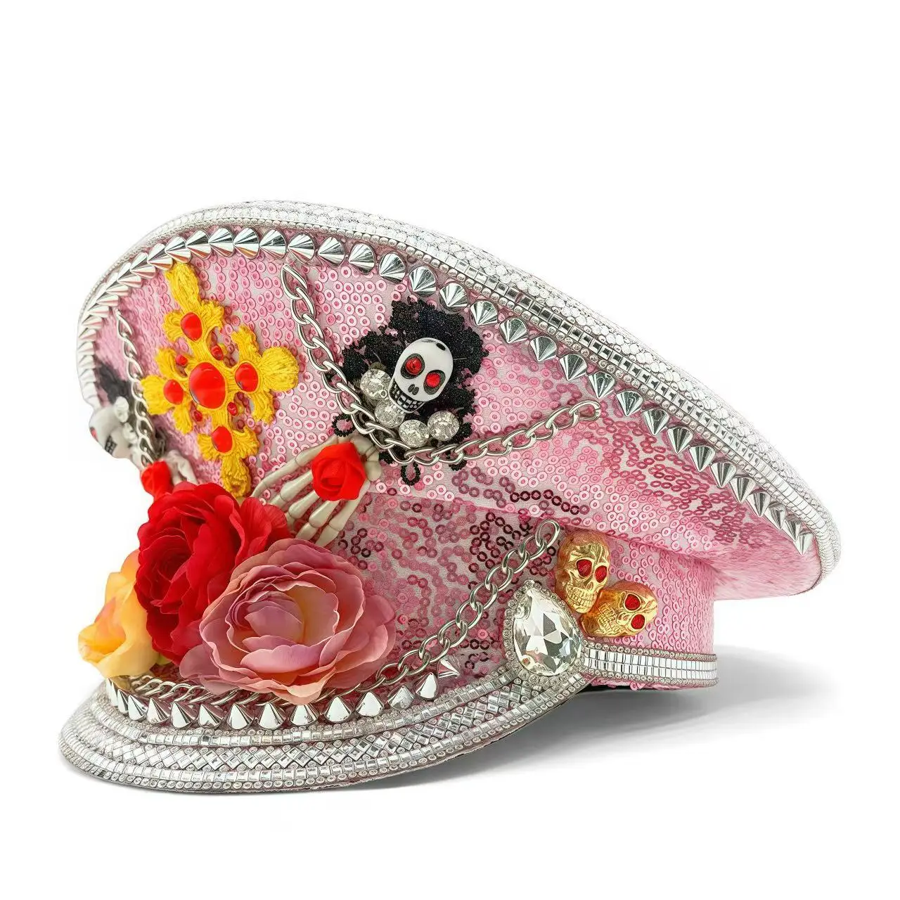 Czapka Kapitańska HongLuan z Żółtą Laserową Skórzaną Pętelką, Ozdobiona Cyrkoniami, Czapki Wojskowe dla Kobiet, Akcesoria na Festiwale Rave i Czapka Imprezowa dla Mężczyzn