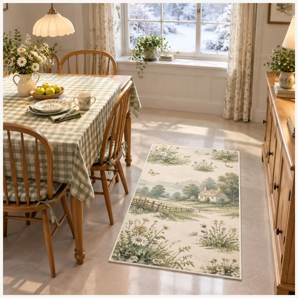 VIKAMA Country Morning Mist Door Mat, Non Slip Washable Flannel Rug, Cottagecore Floor Mat for Hallway, Front Door, Kitchen