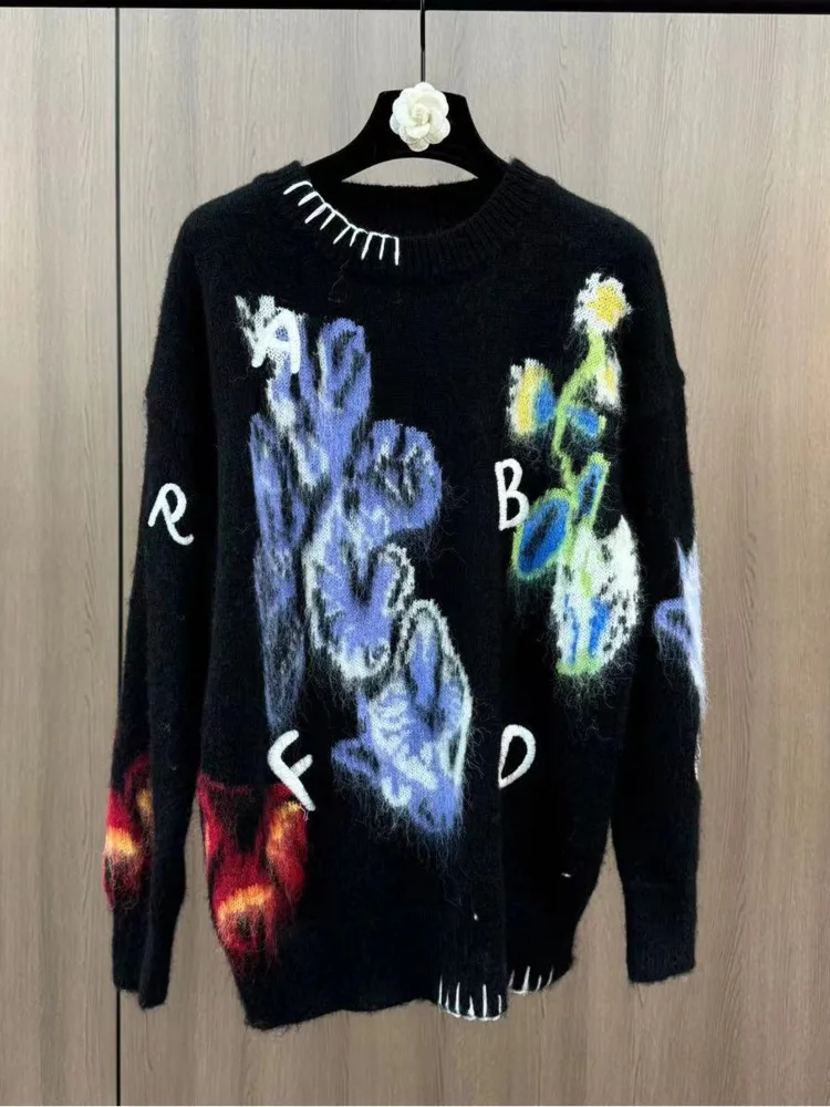 [ZOCI] Winter Round Neck Long Sleeve Letter Contrast Large Flower Pattern French Style Loose Sweater