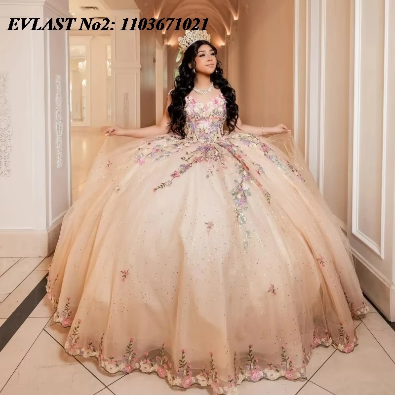 

EVLAST Customized Sparkly Champagne Quinceanera Dress Ball Gown Flower Applique Beaded Crystal weet 16 Vestidos De 15 Anos E2Q36
