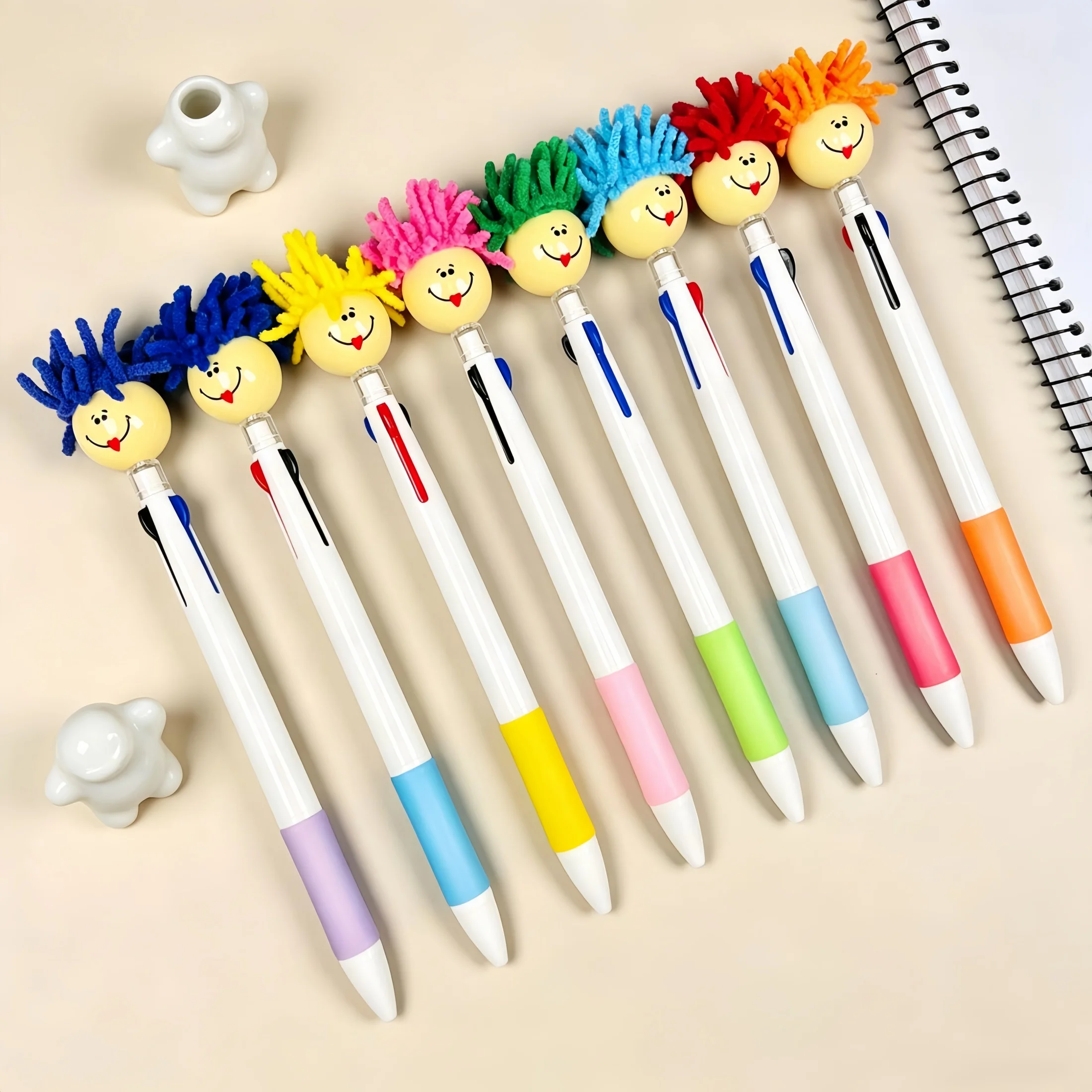 1/5/10 Pieces of Cute Plush Doll Head Multi-Color Ballpoint Pens, Cartoon Expression Smiley Face Three-Color Pens, Creative Mop Head Gift Pens