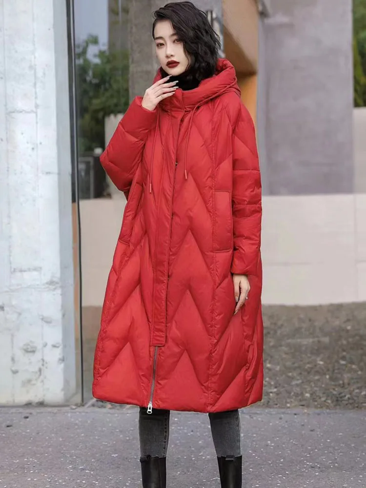 Long Hooded Jackets for Women, 90% White Duck Down, Thickened Coats, Loose Warm Outerwear, Large Size, Winter Fashion, New