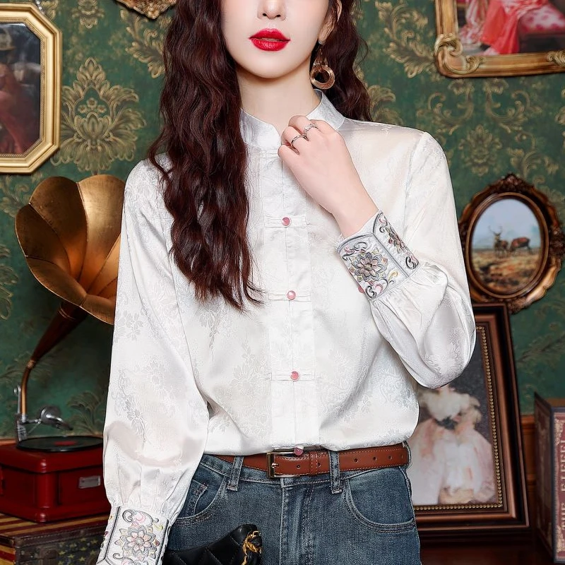 

New Chinese Sle Silk Embroidered irt Women's Spring Autumn Winter Long Sve Stand Collar Button up Traditional Tang Cos...