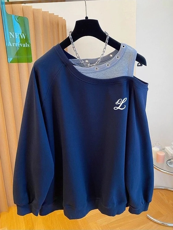 

Модный женский свитшот оверсайз с открытыми плечами, свободного кроя, осенний дизайн, плотный (300 г/м²), повседневный топ