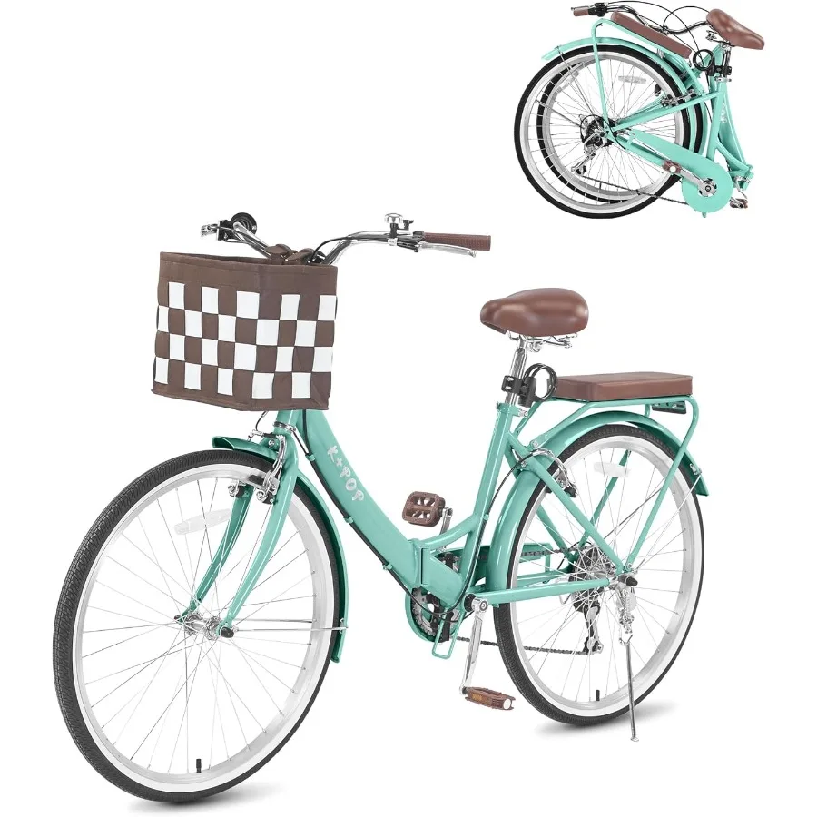 

24 26 Inch Foldable Beach Cruiser Bike 7 Speed Beach Cruiser Bikes for Women Womens Commute Bike with Basket Step Through City