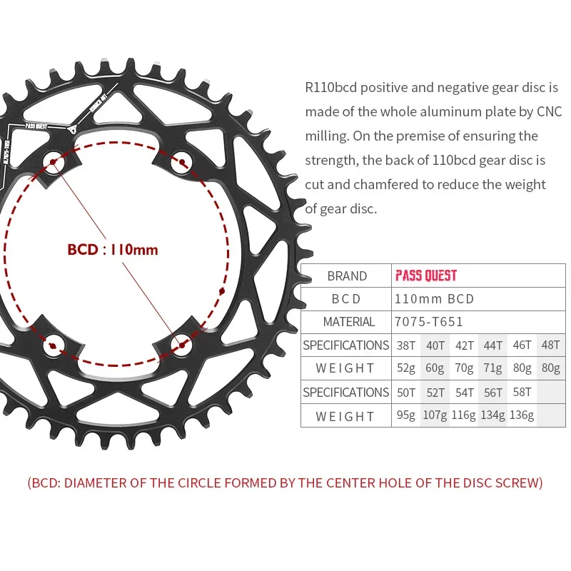 PASS QUEST Chainring 110 BCD hollow for Shimano 105 R7000 R8000 R9100 36T 38T 40T 44T 46T 48T 50T 52T 54 56 58T Bike Chainwheel