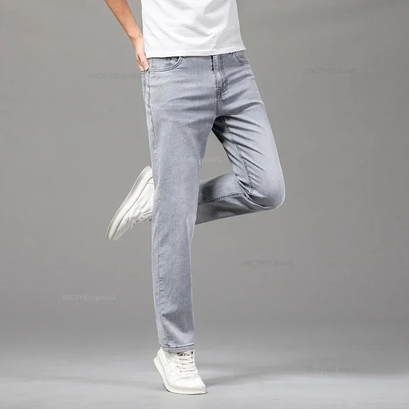 البوب موضة الدخان الرمادي رقيقة الرجال مستقيم الجينز الصيف الأعمال لينة عادية الدينيم السراويل القطن مطاطا الذكور العلامة التجارية بنطلون