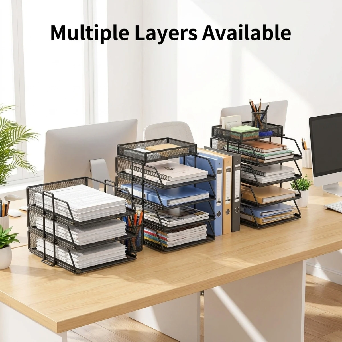 Space-Saving Stackable File Organizer Rack, Large Capacity Metal Desk Paper Holder for Home Office Use