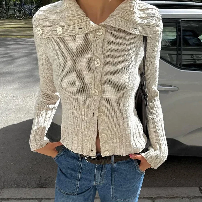 

Повседневный женский вязаный кардиган с лацканами, осенний новый тонкий однобортный свитер, верхняя одежда, модный женский кардиган с длинными рукавами
