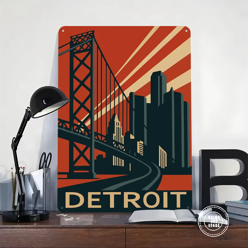 Detroit Vintage Travel Printed Poster Customized Retro Wall Art Vintage Metal Tin Signs for Home Bar Accessories Bathroom Decor