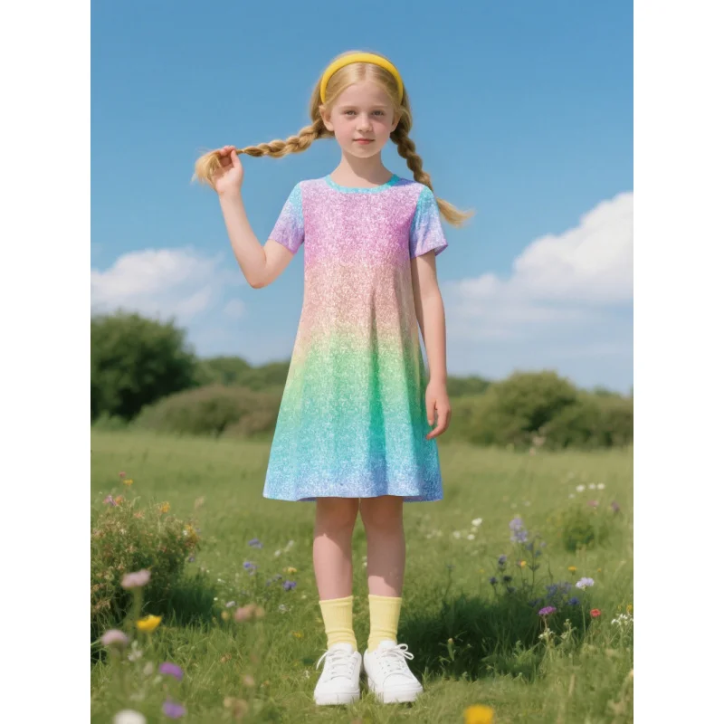 

Girls Gradient Shiny Sequin Print Short Sleeve Dress 2026 Children's Fashion Casual Skirt for Girls