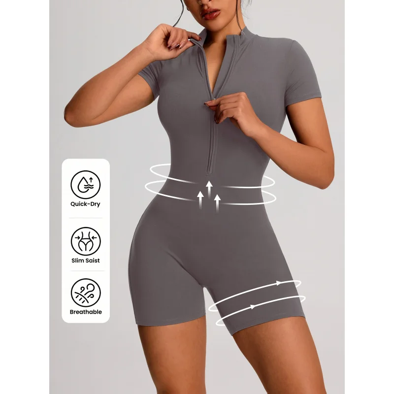 developed 1pc Solid Color Women's Sport Zip-up Stand-up Collar Casual Bodysuit Jumpsuit, Short Sleeves, Zipper Design view 5