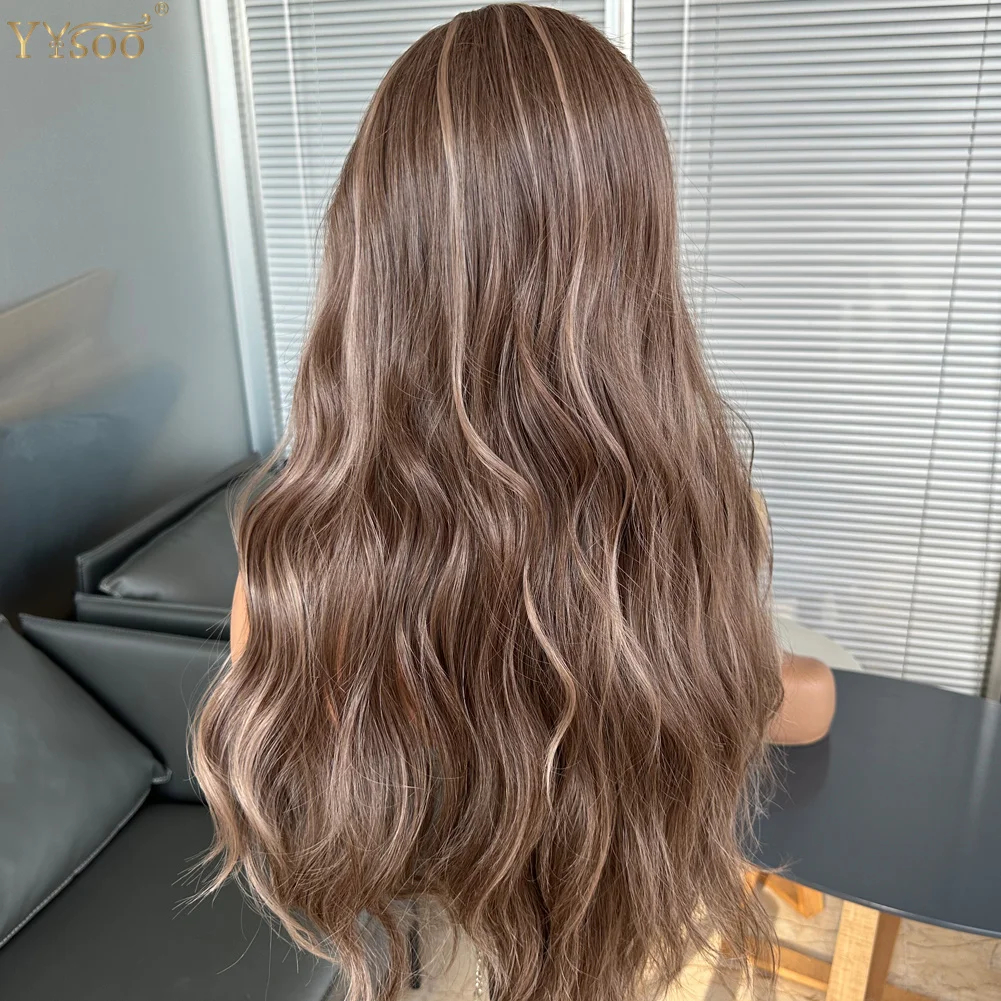 YYsoo wig renda depan sintetik tanpa lem Futura Jepang lurus halus warna 13x4 untuk wanita garis rambut telah ditanami