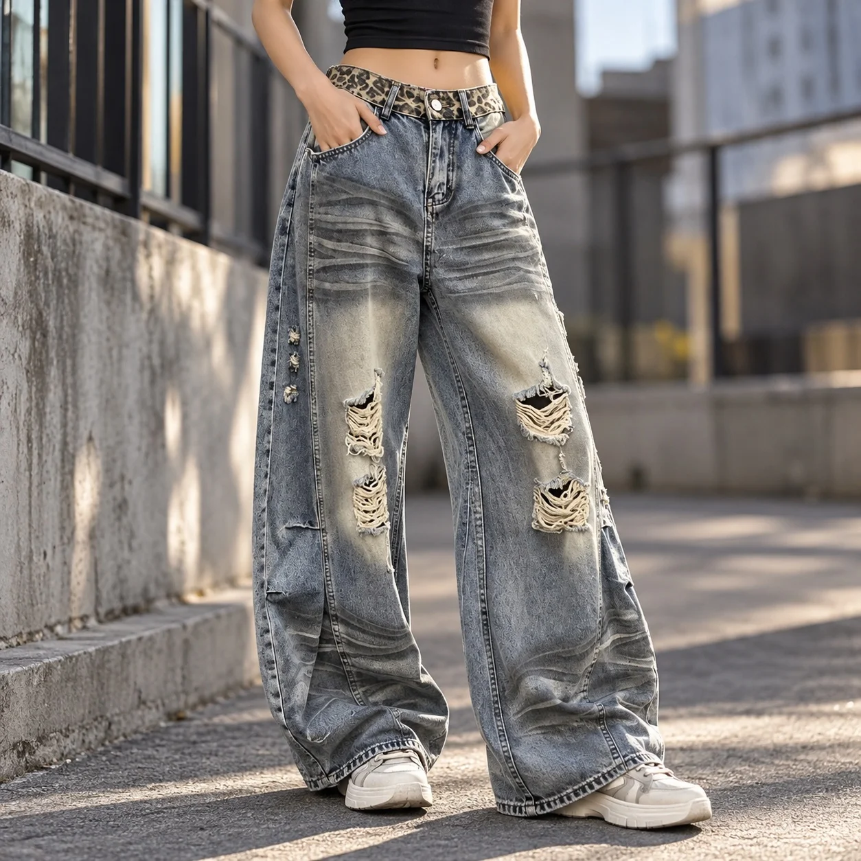 Ripped Wide Leg Jeans Streetwear with High Waist Distressed Frayed Hem No Stretch Patchwork Regular Thickness Women Pants