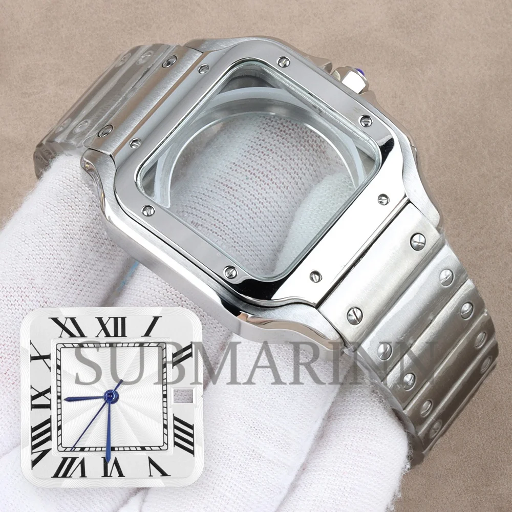 38MM NH35 Case for Santos Mod Watch Case with 27mm Roman Dial Hands Stainless Steel Strap Waterproof Fit NH35 NH36 NH38 Movement