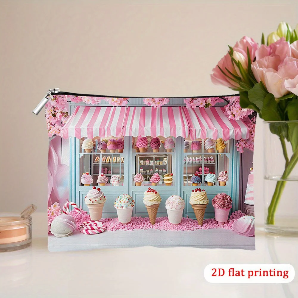 1Pc Cute Ice Cream Shop Pattern Makeup Bag - Multifunctional Zipper Pouch for Women, Perfect Travel Zipper Organizer, Fun Birthday Gift