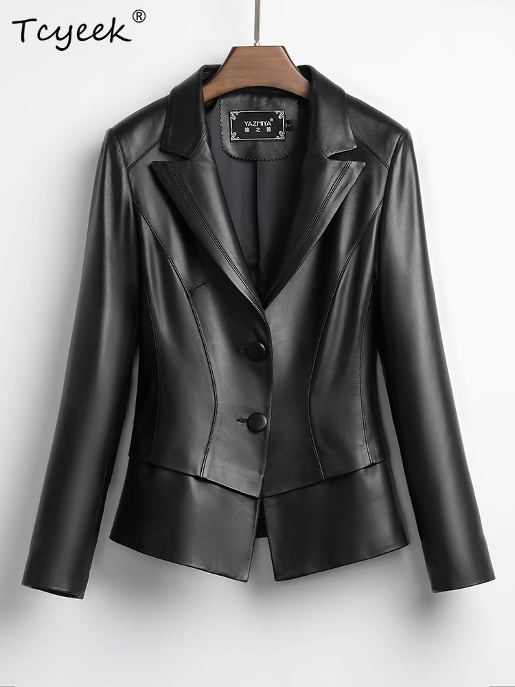 Tcyeek Echt Schaffell Frauen Leder Jacke Frühling Herbst Anzug Kragen Lange Ärmeln Schwarz Kurze Anzug Jacke Chaqueta Cuero Mujer