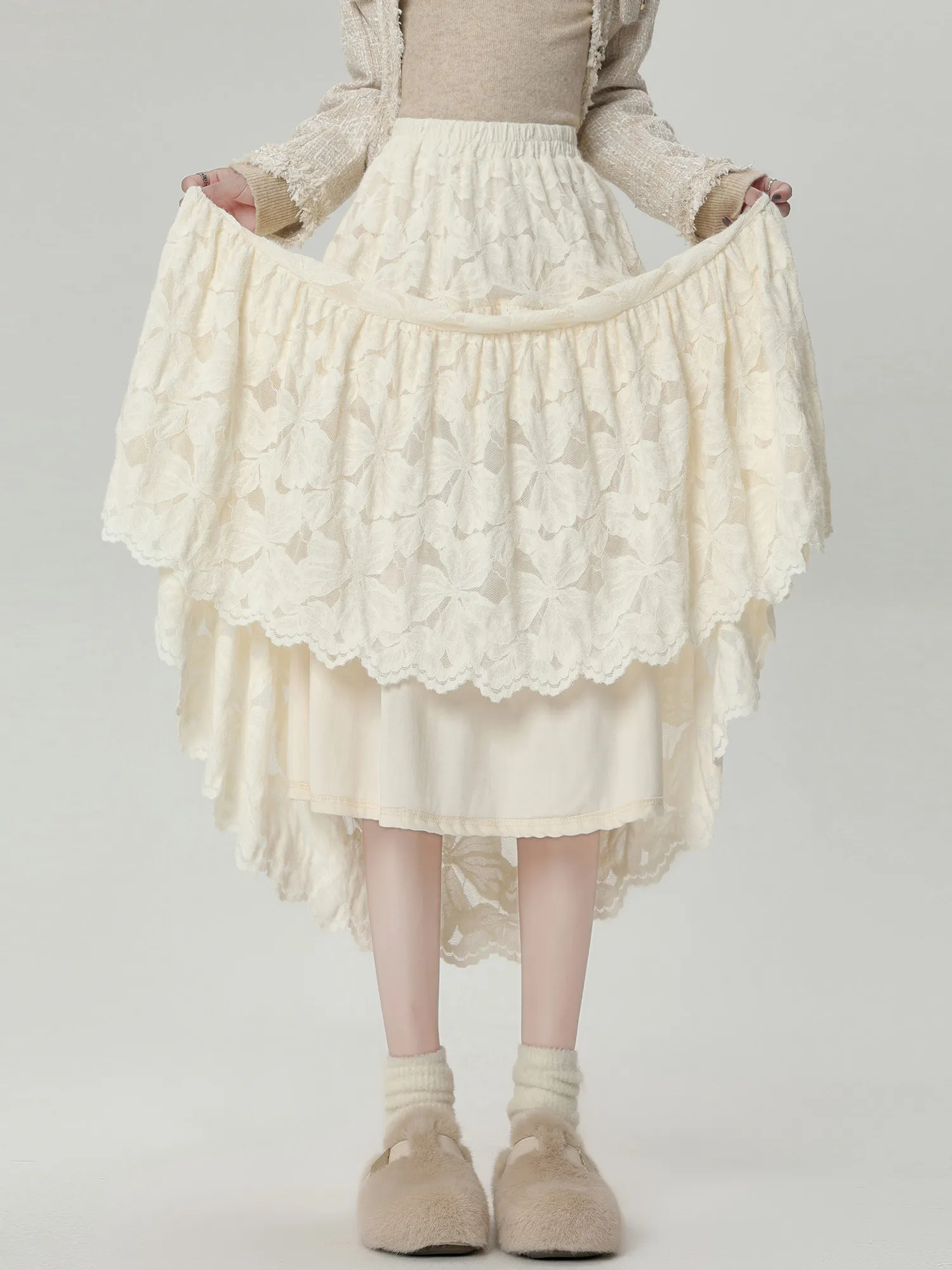 2026 Winter Fall Women High Waisted Fleece Thick Beige Skirt ,  Woman Elegant Ruffles A Line Skirts