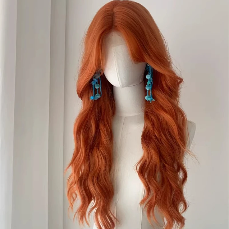 Orange wig female full headgear water ripple long curly hair front lace eight-character bangs universal cos