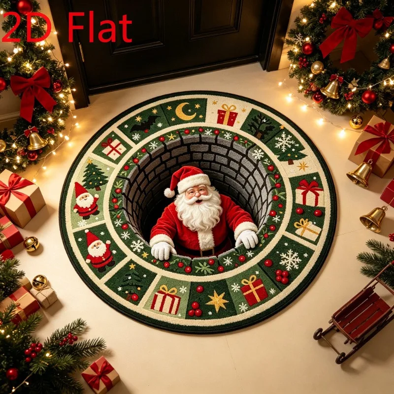 Soft Circle Rug 2D Flat 3D Illusion Santa Claus Carpet Flannel Warm Cozy Brick Well Pattern Living Room Floor Rug