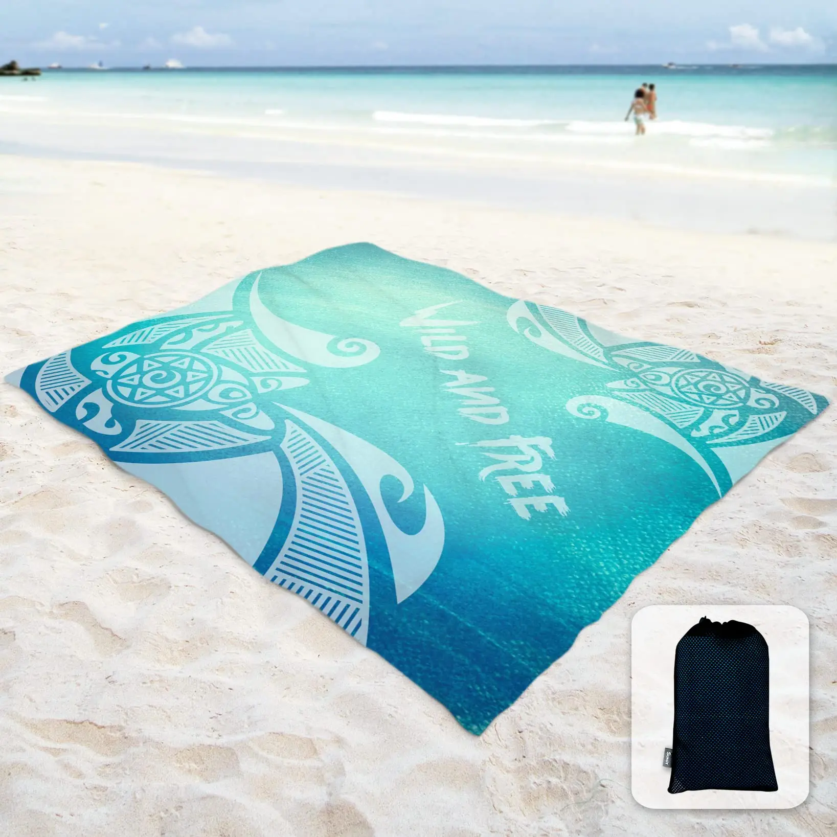 Silky Soft Sand Proof Beach Blanket Sand Proof Mat with Corner Pockets and Mesh Bag for Travel Camping Blue Turtle Pattern