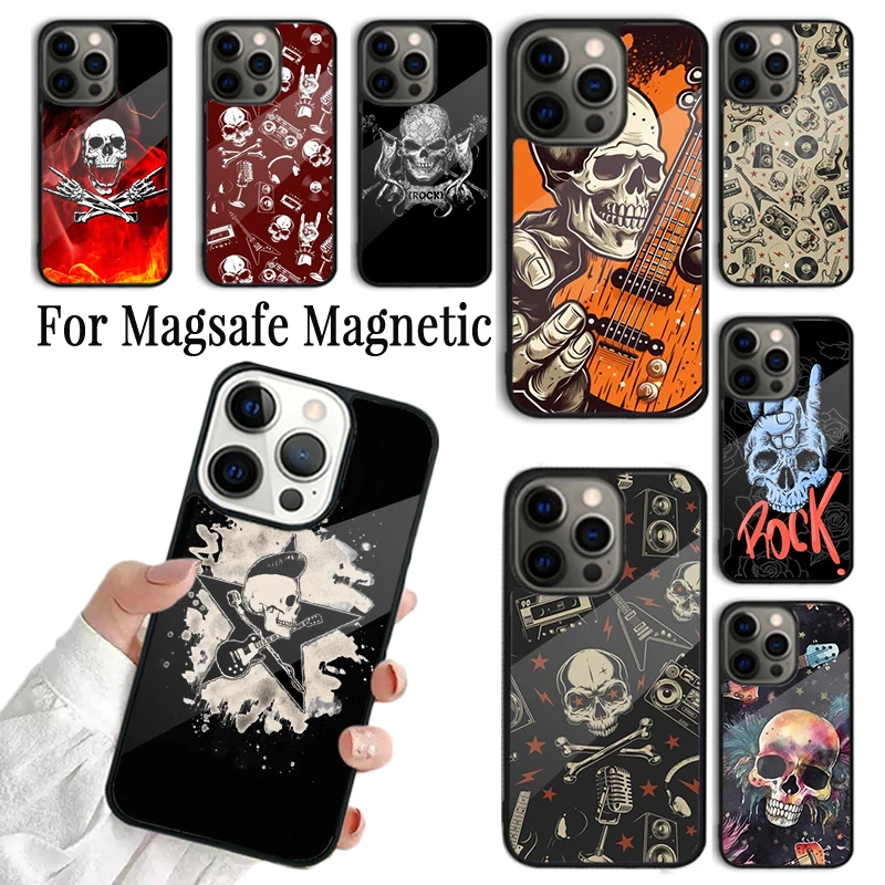 Coque Phone Case For iPhone 16 15 14 13 12 Mini 11 Pro Max Plus Magsafe Magnetic Wireless Charging Cover Rock and Roll Skull