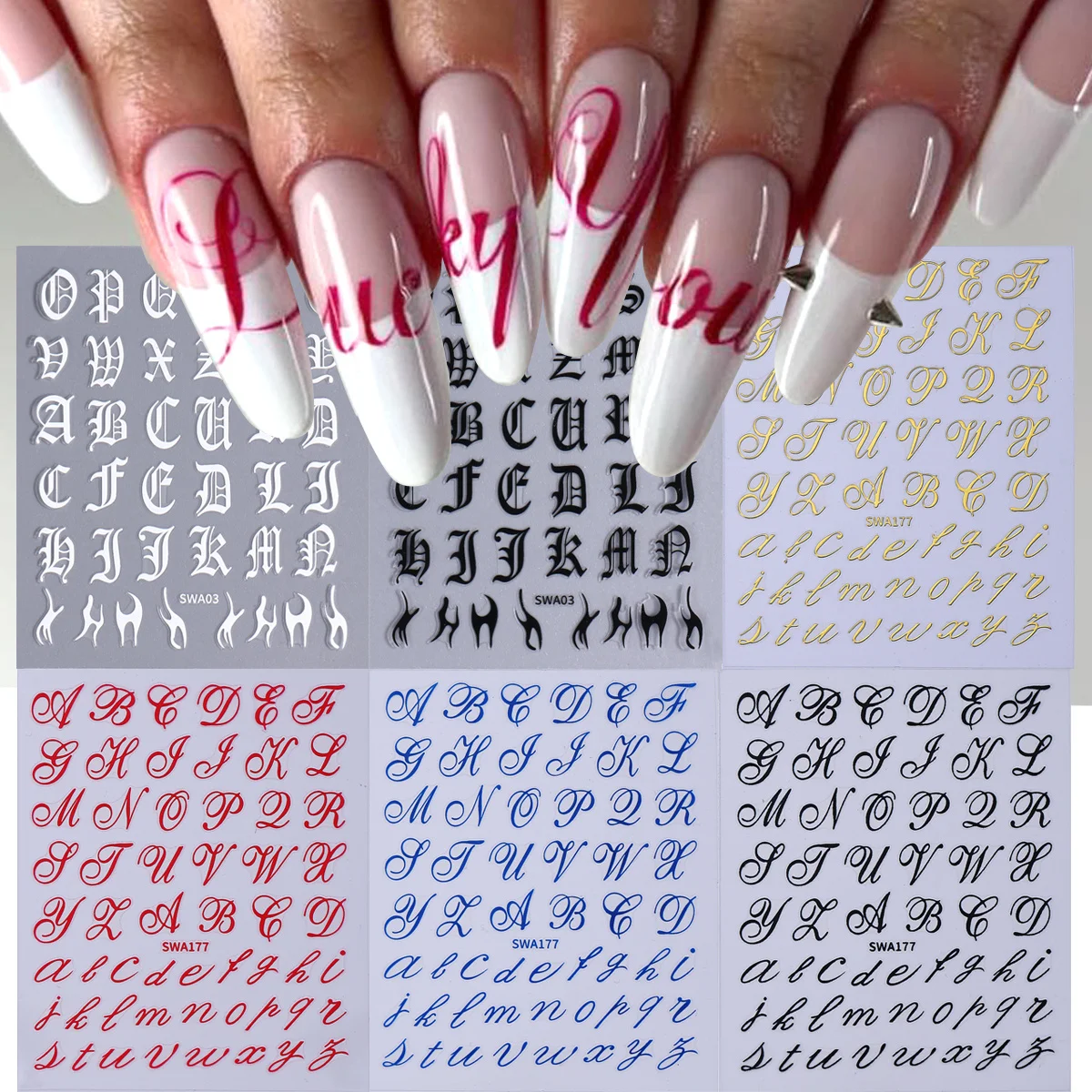 6 قطعة رسالة القوطية مسمار صائق الإنجليزية الأبجدية الكلمة الرومانية تصميم رقائق يلتف ثلاثية الأبعاد موضة Y2K تصميم ملصقات ديكور لتزيين الغرف مانيكير نصائح #1