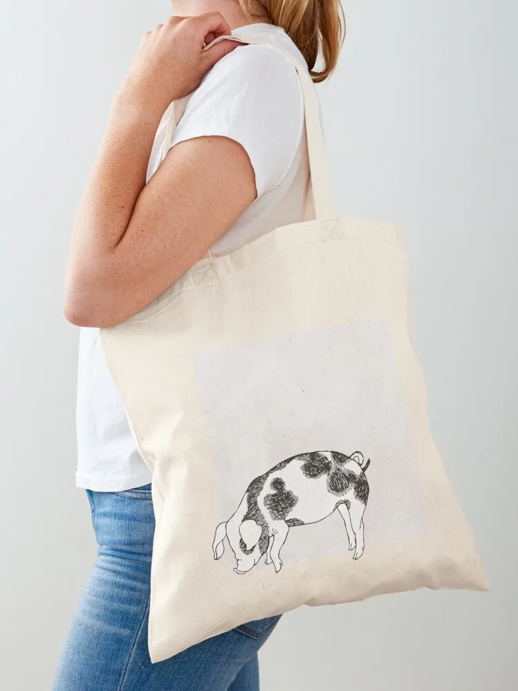 

Pig with cow spots black and white ink hand drawn style nose down sniffing for food swine HD High Quality Online Store Tote Bag