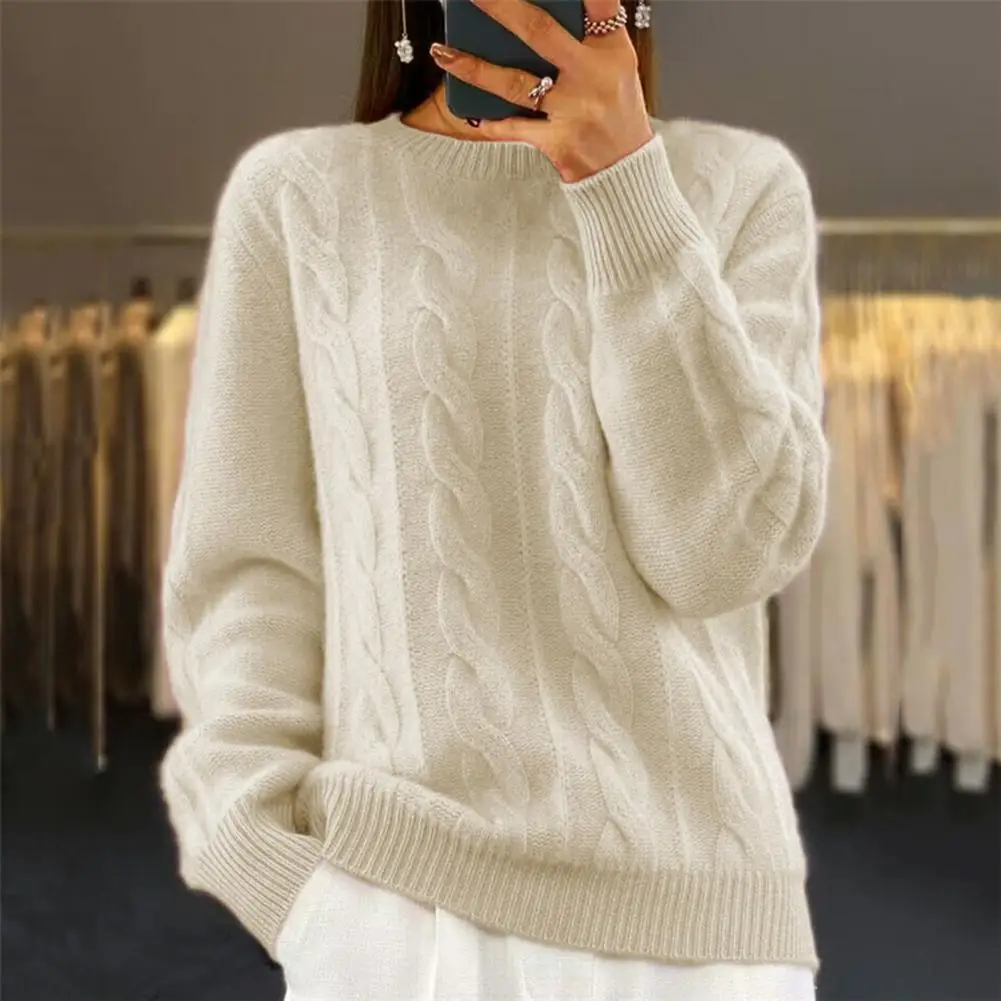 Sweater Women Pullover Round Neck Long Sleeve Twist Texture Knitting Tops Solid Color Loose Fit Retro Pullover Tops