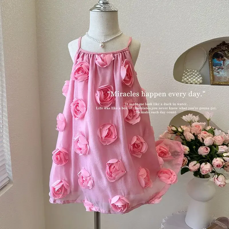 Girls Dress Korean Spring/Summer New Childrens Sweet Princess Dress Baby Sweet Pink Designable Dress Party