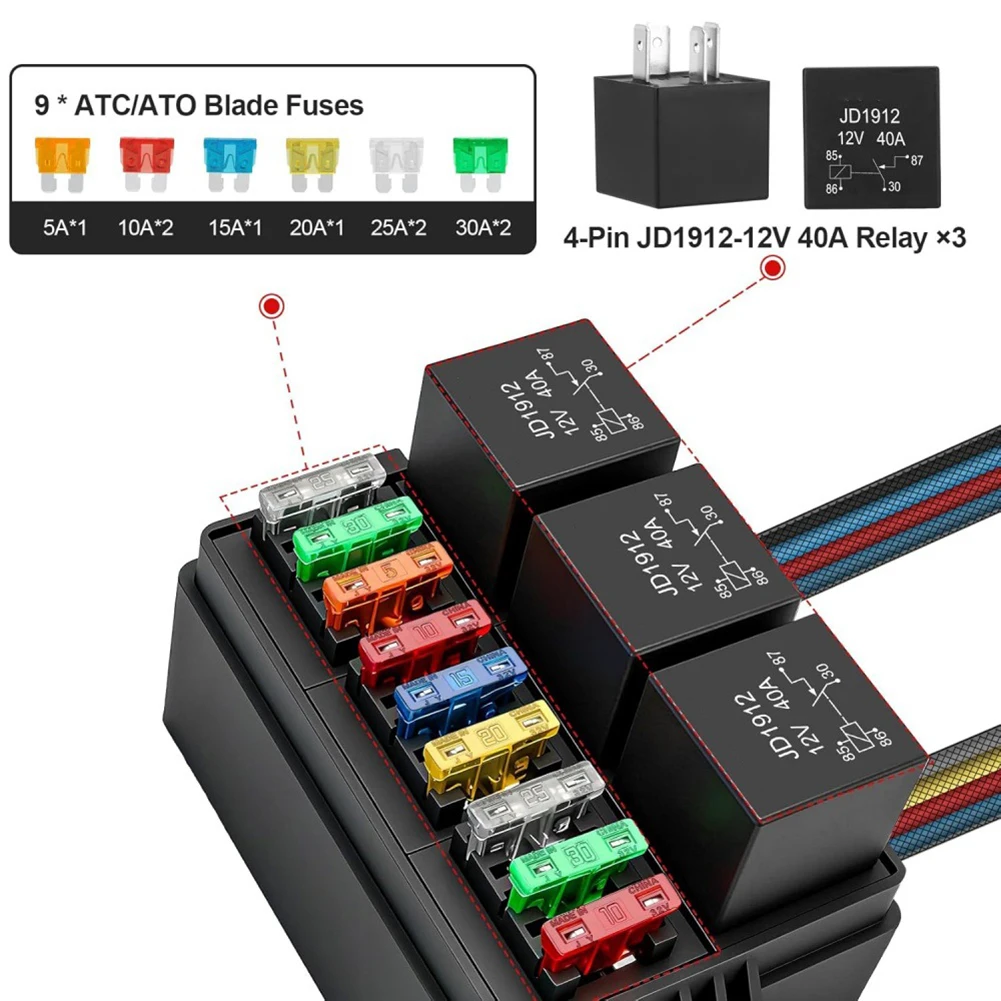

Предварительно смонтированный релейный блок предохранителей 12 В от 5 А до 30 А с 4-контактными 3 реле и 9 лезвиями ATCATO для автомобилей и грузовиков