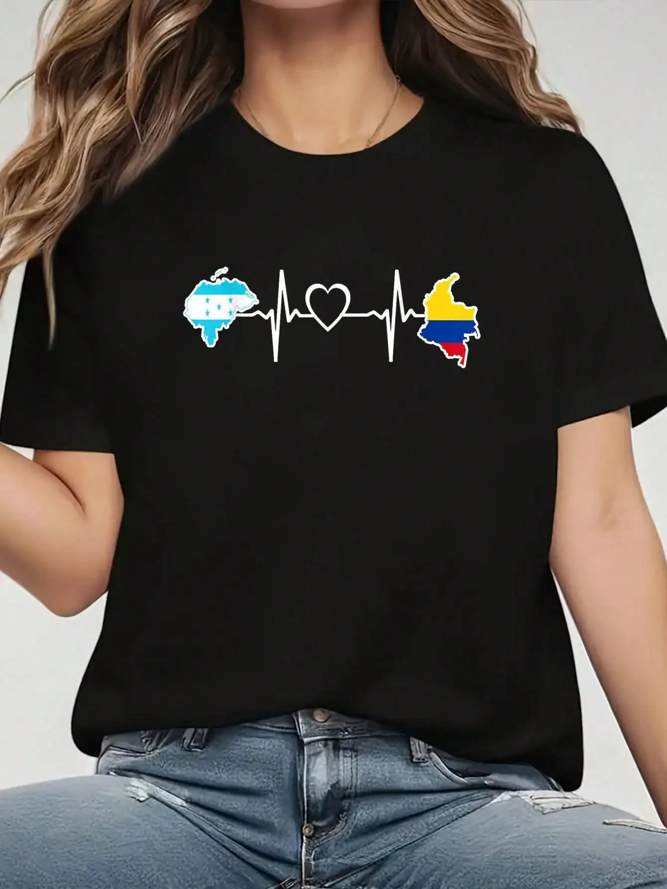 Colombian Honduran Flag - Colombia Honduras Heartbeat T-Shirt - Graphic Tees Festival Outfits For Women, Tops For Summer, Top De Mujer Women Summer Clothes