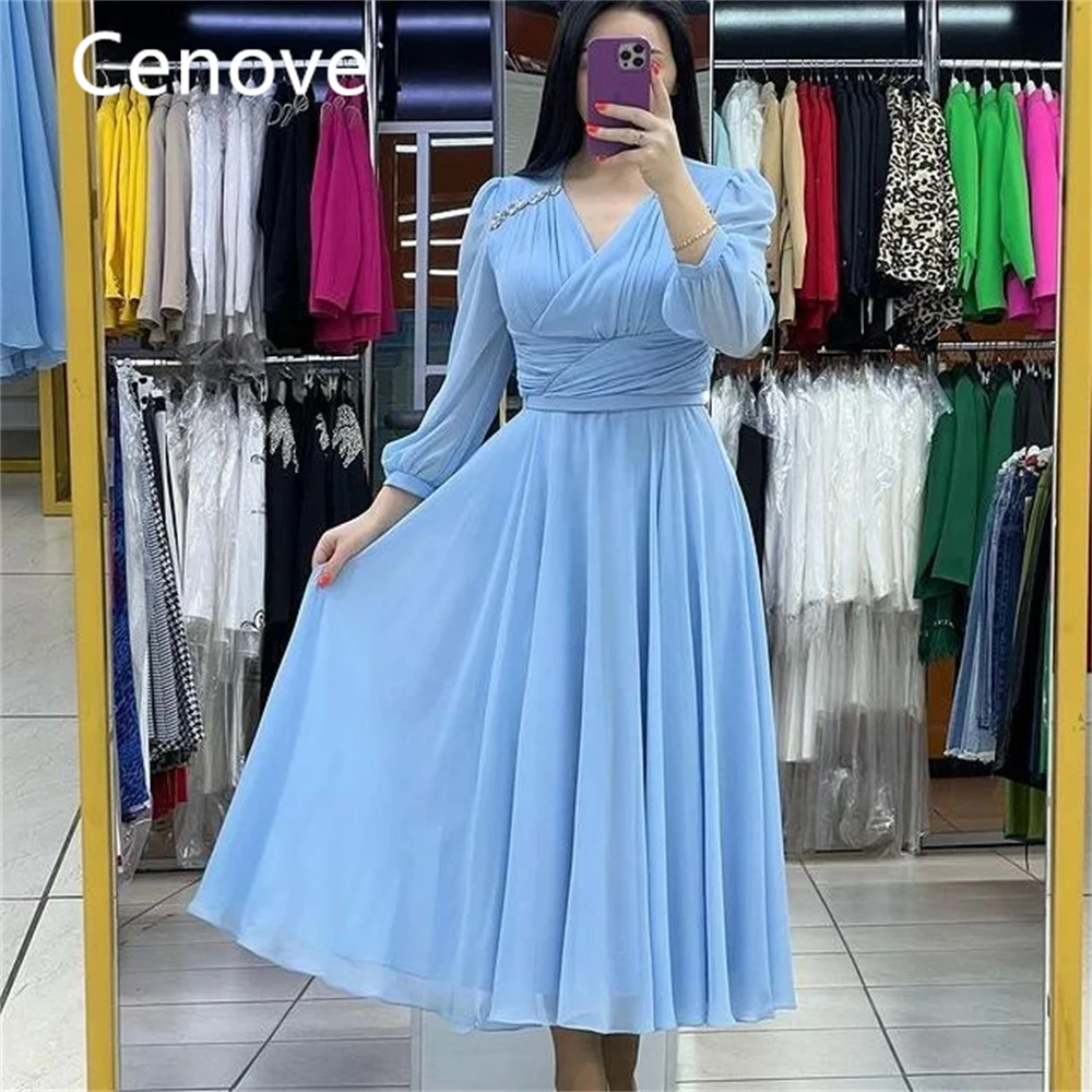 Cenove Blue A-Line V-Neck Prom Dress Ankle-Length With Long Sleeves Evening Summer Party Dress For Women