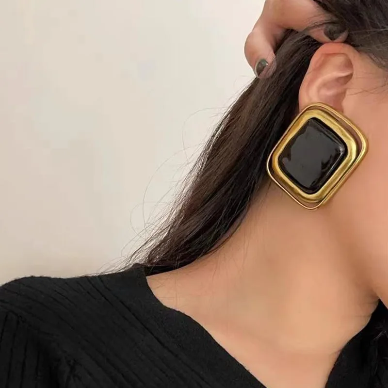 Black Gold Rectangular Earrings Brass Vintage Do Old Square Earrings Studs Earrings Women Fashion Elegant Jewelry Accessories