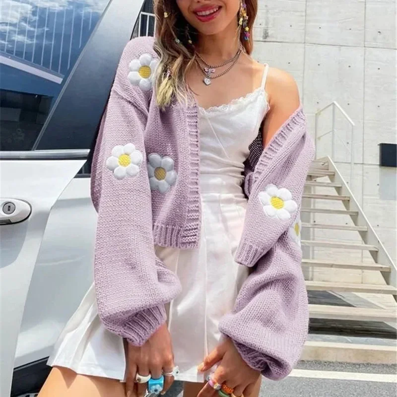Cardigã de malha com bordados florais para mulheres, suéteres casuais para senhoras, casacos soltos com mangas de lanterna, casacos curtos femininos, outono e inverno
