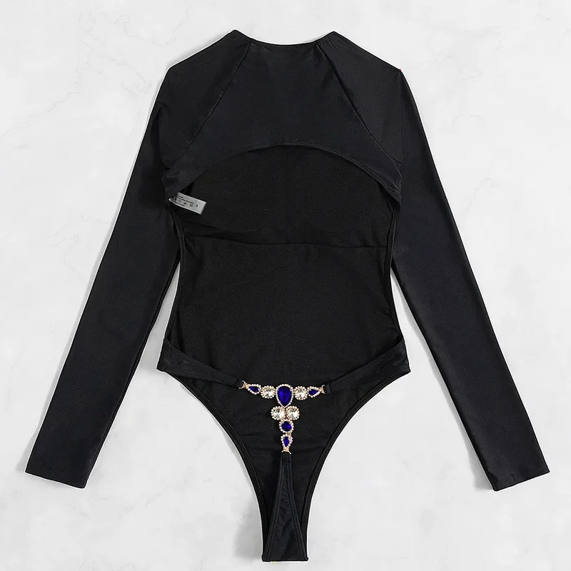 sexy zwart badpak uit één stuk lange mouw rugloze strass string bikini's badmode zwemkleding strandoutfits bodysuit biquini