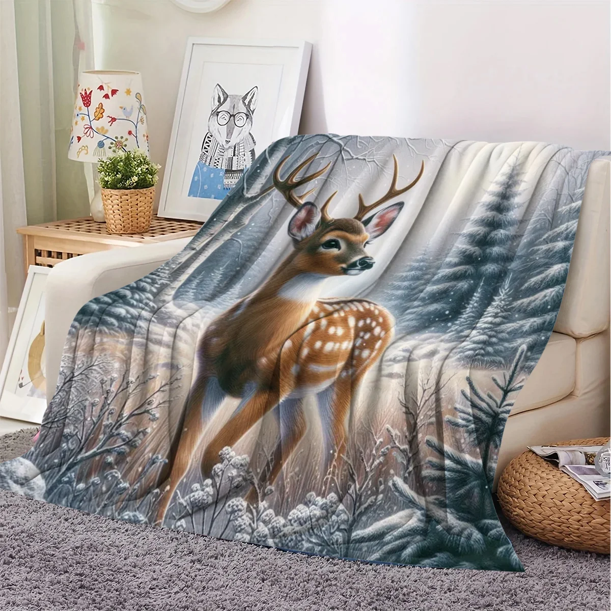 Christmas Snow Scene Cute Reindeer Pattern Throw Blanket, Flannel Air Conditioning Blanket for Dorm Office Nap, Printed Blanket,