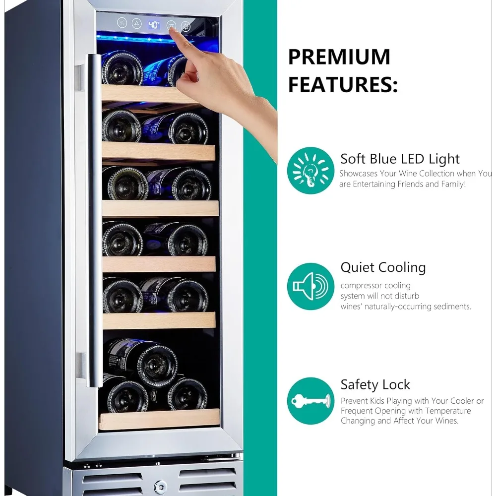 Mini Fridge 18 Bottle - 12 inch Wine Cooler Refrigerator, Built-in or Freestanding, with Stainless Steel & Double-Layer