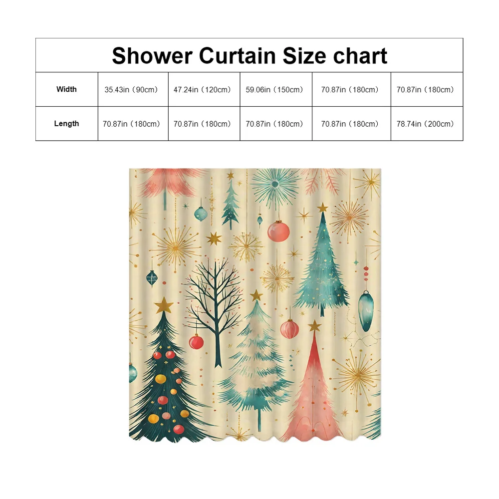 2D Flat, 2D Flat Single-Piece Christmas Tree Pattern Shower Curtain with Plastic Shower Hooks, Suitable for Rooms and Homes, Mac