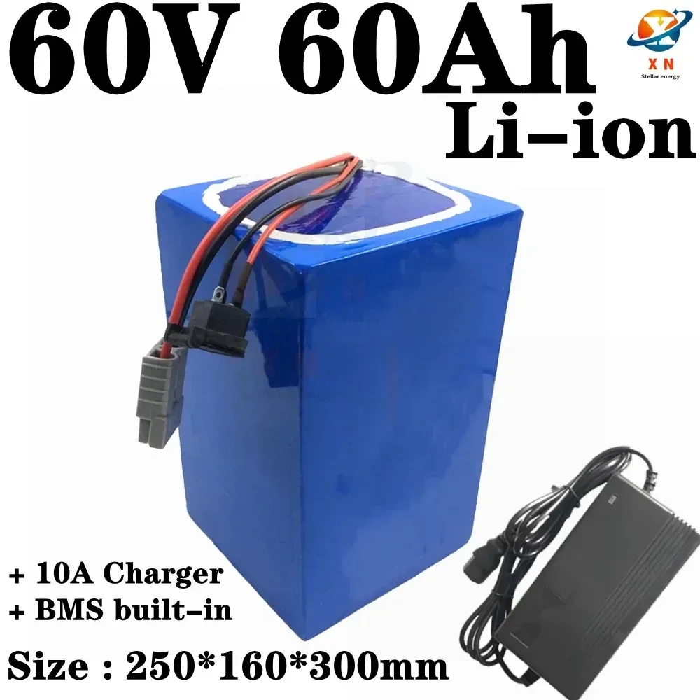 

Batterie lithium-ion 62.9V, 60V, 60Ah, BMS 17S, 62.9V, 63V, avec chargeur 10A, pour scooter, vélo, tricycle et moto 3000W