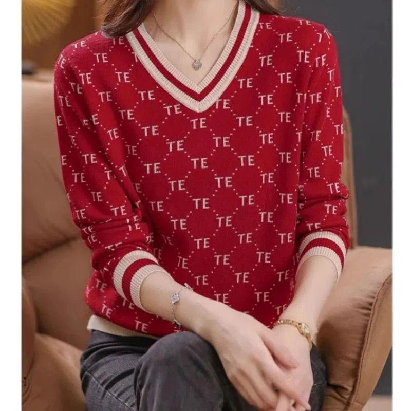 Women's Clothing Autumn Winter O-Neck Pullover Sweater Knitted Lantern Long Sleeve Contrast Color Geometric Casual Elegant Tops