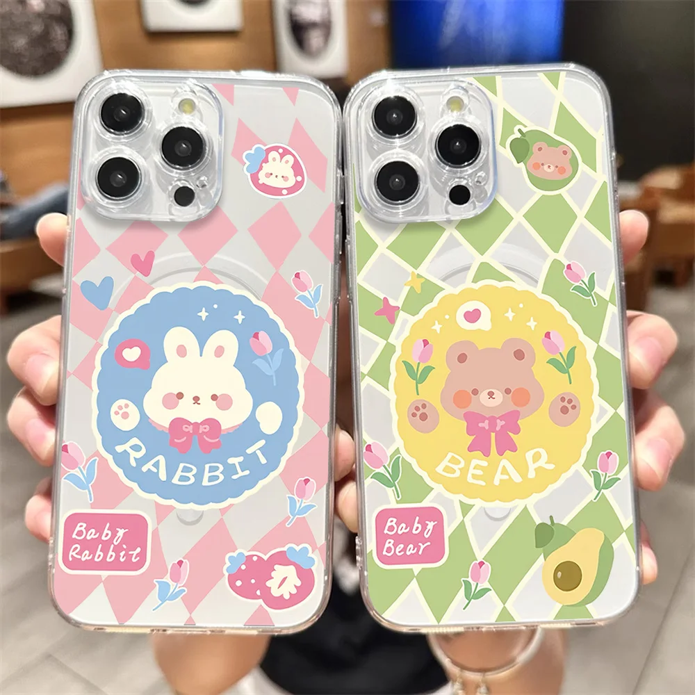 Cute Cartoon Rabbit Bear Duck Phone Case for iPhone 12 11 13 14 15 16 Max Pro Plus Transparent Magsafe Magnetic Wireless Cover