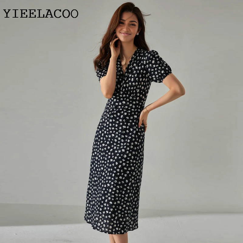 فستان أسود مُزين بنقشة الزهور بأكمام قصيرة نحيف 2026 فستان نسائي للربيع والصيف لقضاء العطلات من قطعة واحدة فستان كلاسيكي للسيدات #1