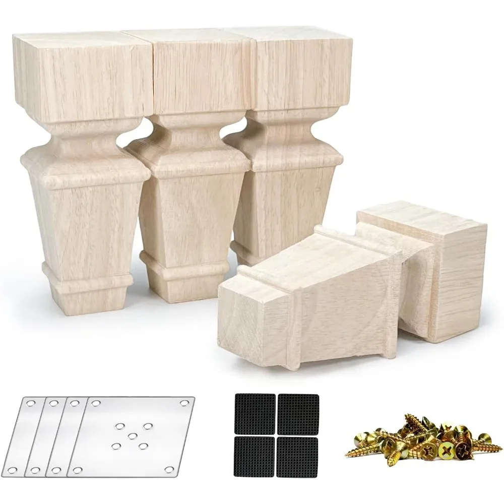 

6 Inch Wooden Furniture Legs, Set of 4 Replacement Solid Wood Unfinished Square Furniture Bun Feet for Couch Chair So