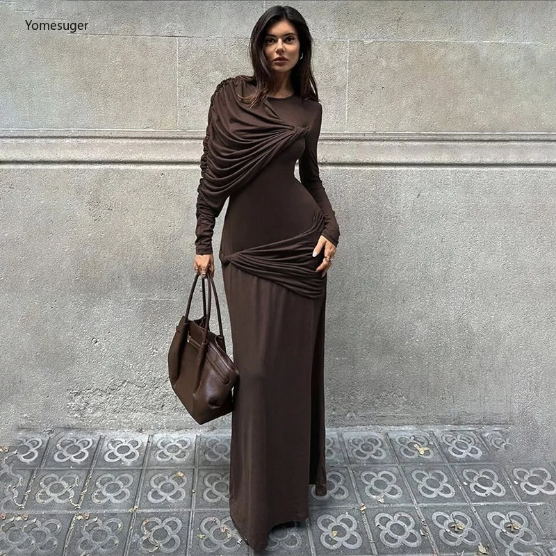 Yomesugar-Vestido largo de retales con pliegues irregulares para fiesta de año nuevo, ropa de discoteca, vestidos ceñidos elegantes de manga larga con cuello redondo 2026