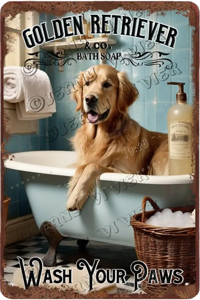 Golden Retriever Decor Wash Your Paws Dog Art Retro Aluminum Sign  in Metal Tin Funny Bathroom Wall Gifts